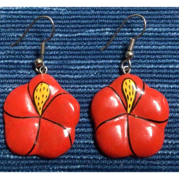 Vintage Red Drop Earrings Boho Handpainted Lightweight 925A - Picture 1 of 2